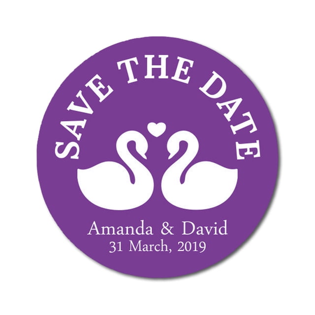 Darling Souvenir Round 45 Pcs Loving Swans Save The Date Stickers Personalized Bride Groom Names And Date Envelope Seals - Violet