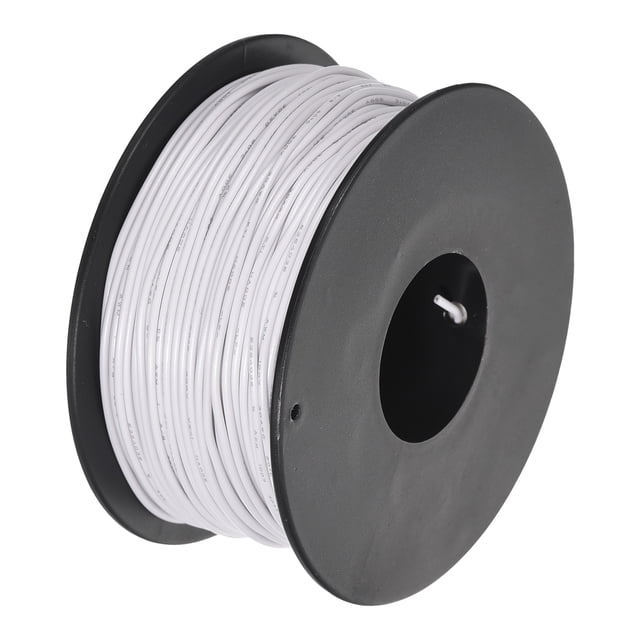 Uxcell 30AWG stranded wire hookup spool in white, measuring 50 meters (164 feet) in length. The wire features a PVC insulation layer that is wear-resistant, acid-resistant, alkali-resistant, and oil-resistant. It has a tinned copper core for low eccentricity, stable current output, and resistance to oxidation and short circuits. The spool is black with the wire neatly wound around it.