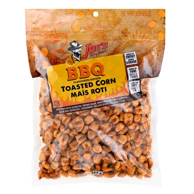 JTT TOASTED CORN BBQ 350G clear bag containing Joe's Tasty Travels BBQ flavoured toasted corn kernels with orange-yellow label highlighting source of energy, fibre, and iron, suitable for snacking and sharing.
