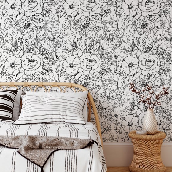 1pc Stunning Black and White Watercolor Floral Self-Adhesive Wallpaper - Peel and Stick, Waterproof, Removable, Easy to Install - Perfect for Living Room, Kitchen, Bedroom, Dormitory, Furniture Refurb