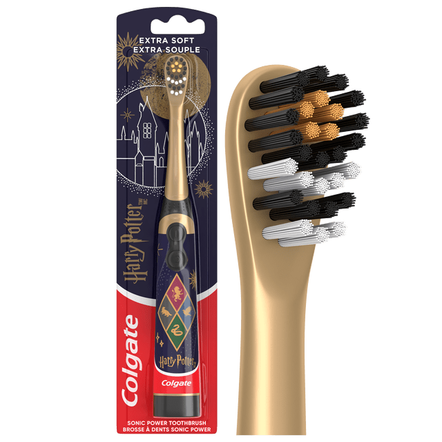 Colgate Harry Potter Kids Battery Toothbrush, Extra Soft. Centered front view of a slim, flat-laying kids battery toothbrush with Hogwarts house graphics on the handle; small vibrating brush head with extra soft bristles, easy-press on/off button and AA battery included, for ages 3+. Often used as a compact travel toothbrush for kids.