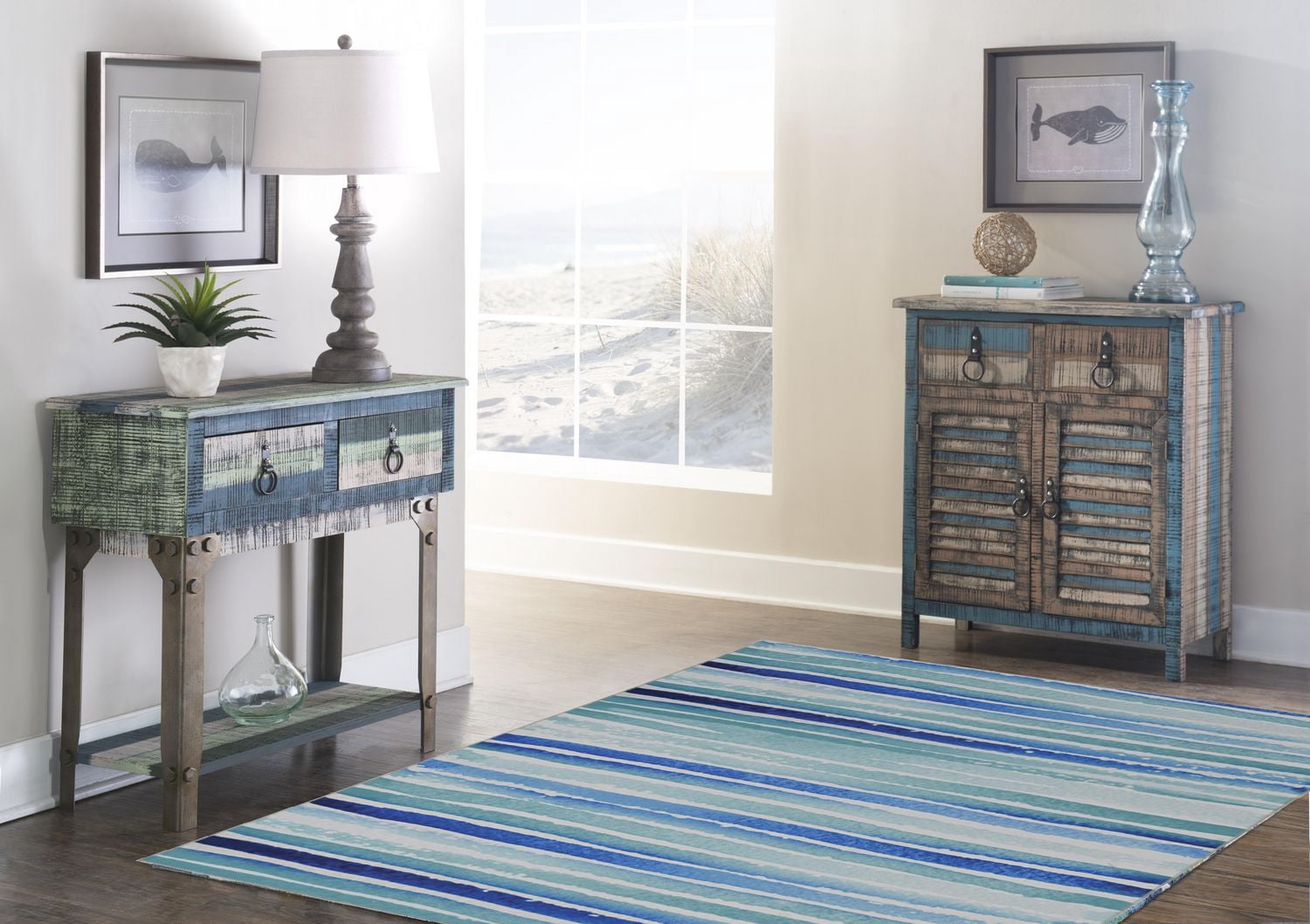 Tapis lavable Janna 5 pi x 7 pi ivoire et bleu