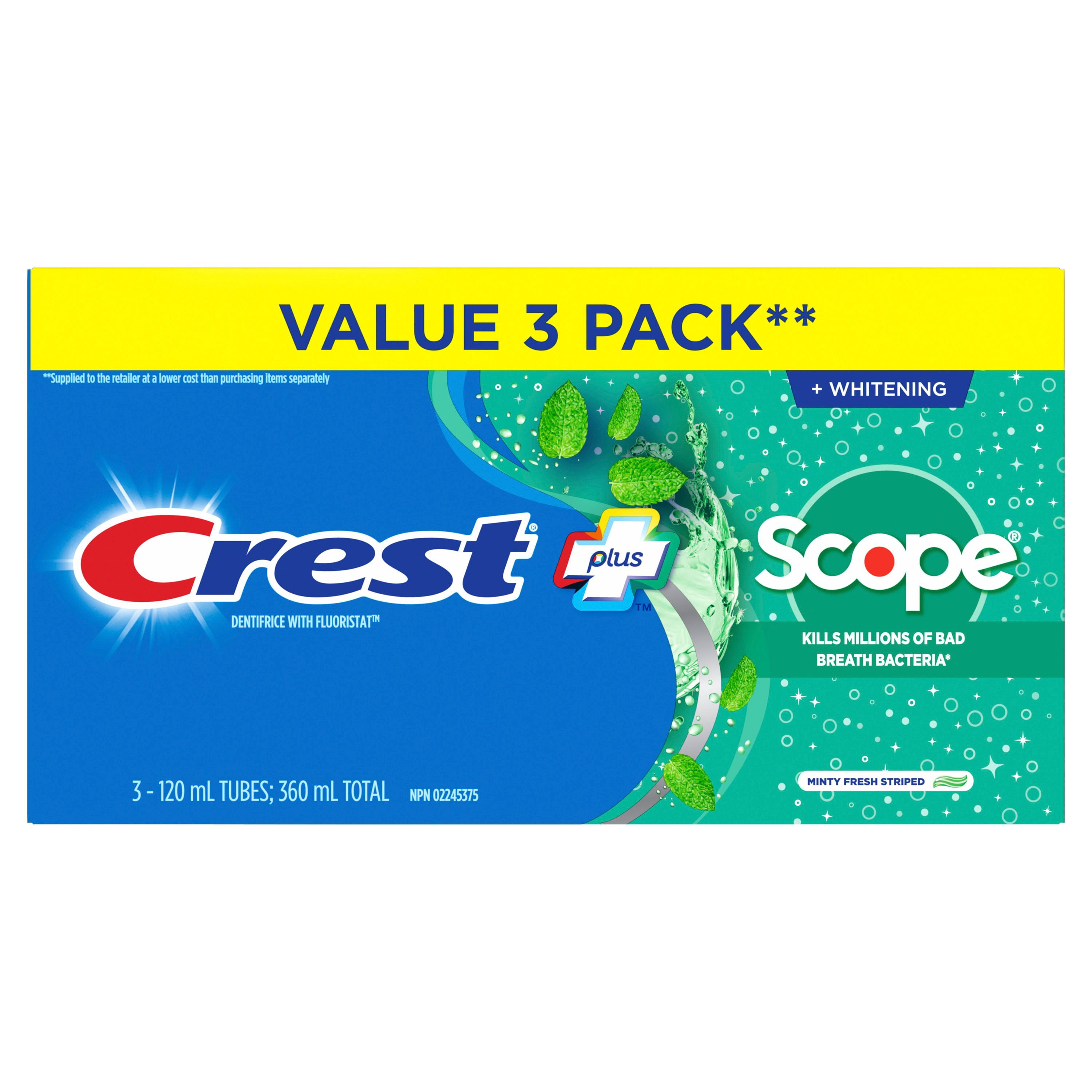Dentifrice Crest blanchissant plus Scope, Menthe fraîcheur, 3 x 120 mL
