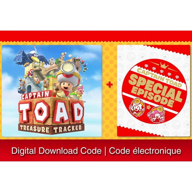 Switch Captain Toad : Treasure Tracker + Ensemble DLC d'Épisode Spécial, Couverture de Téléchargement Numérique avec Captain Toad Portant une Lampe Frontale et Faisant un Signe de Gloire devant un Château avec Divers Personnages de Jeu, Accompagné d'Un badge Circulaire Rouge pour l'Épisode Spécial DLC avec Deux Toads de Dessin Animé, sur Fond Jaune et Rouge avec Texte de code de Téléchargement Numérique.