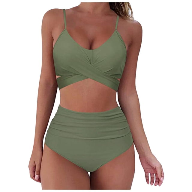 Pisexur Women's Push Up Bathing Suits Ruched Swimsuits Halter Bandage Two Piece Bikini High Waisted Bikini in olive green. Features a halter-style top with adjustable spaghetti straps, a front cross bandage design, and padded push-up bra for support. The high-waisted ruched bottom offers tummy control and classic coverage. Made of soft, quick-drying polyester fabric, suitable for summer, beach, swimming pool, and tropical vacations.