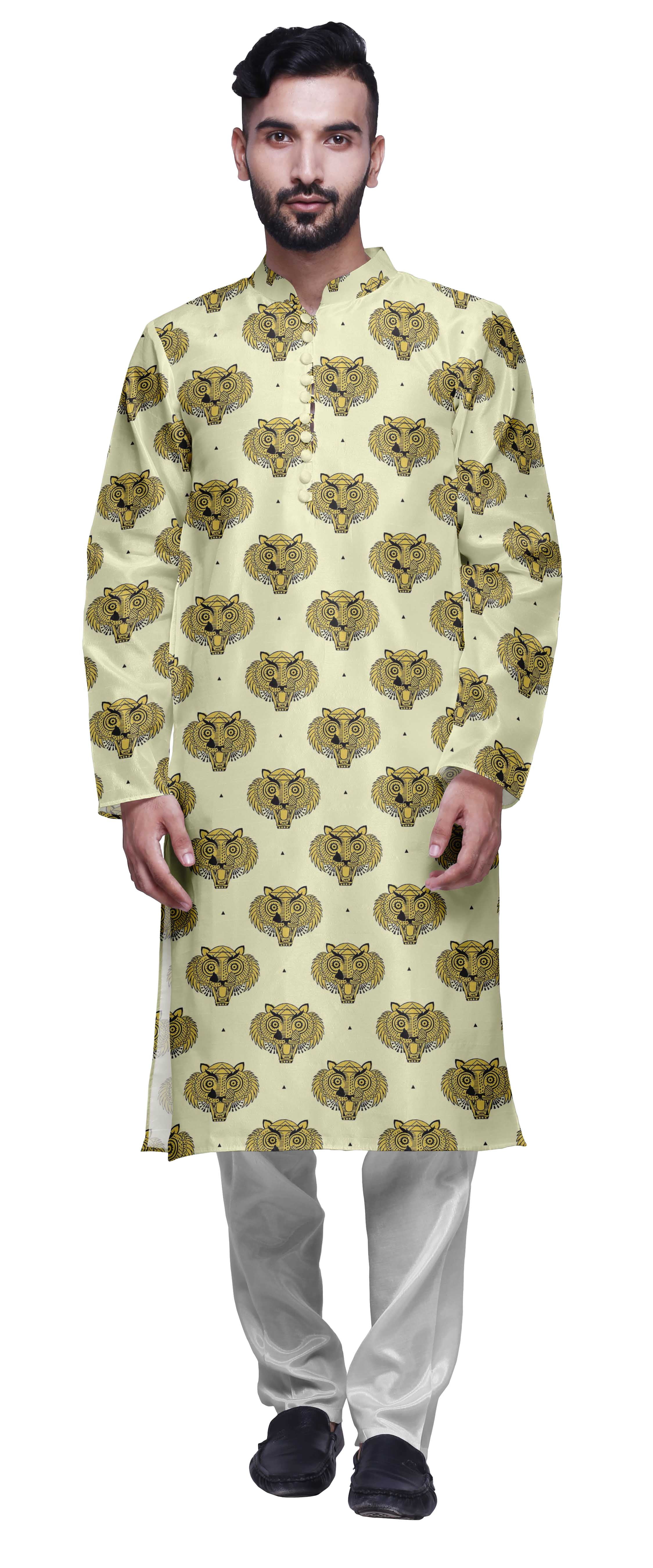 Atasi Mens Printed Modal Satin Indian Long Kurta With White Churidar Pajama Set