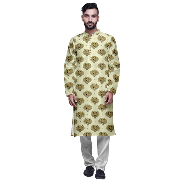 Atasi Printed Long Kurta For Men With White Churidar Pyjama Set Traditional Wear
