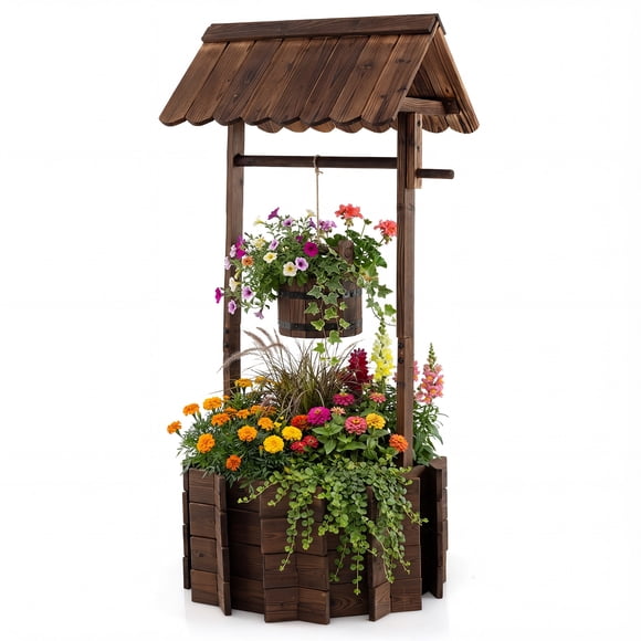 Costway Outdoor Wooden Wishing Well Bucket Flower Plants Planter Garden Home Decor