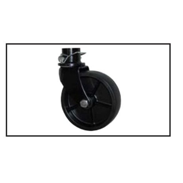 Bal Rv 29036B Trailer Tongue Jack Caster with a 6-inch diameter wheel, compatible with 1000-pound jacks featuring a 2-inch round inner tube. This multicoloured caster is ideal for RV jack systems and comes packaged in a retail box.