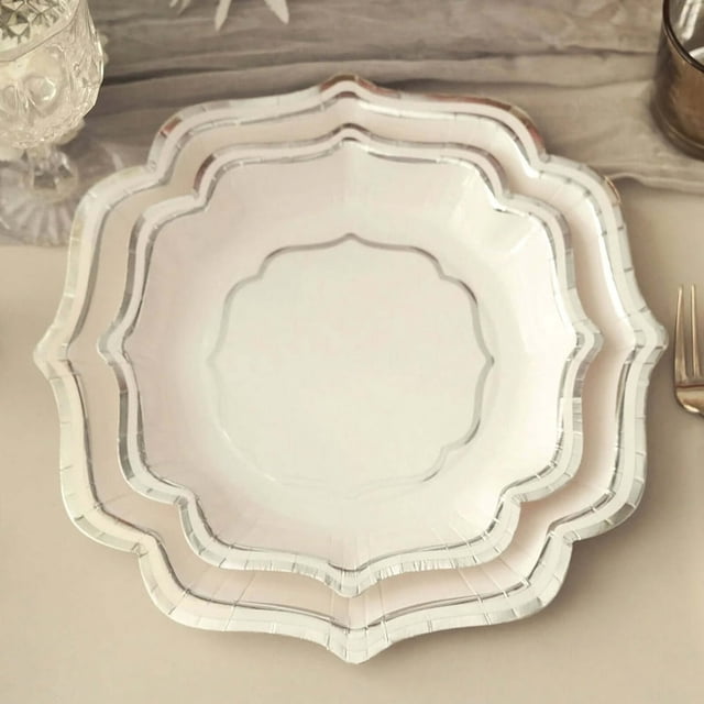 CUITING 25 Pack White Pink Paper Dessert Plates in Damask Floral Pattern 8” Round Disposable Salad Appetizer Plates with Scalloped Rims - 300 GSM