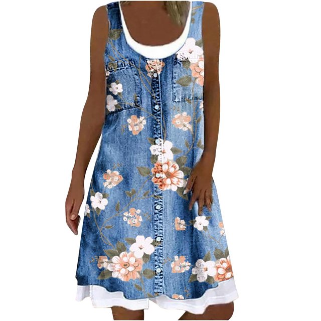 Pisexur Robe en Denim Aguichant pour Femme Sans Manches à Col en V, Robe Midi à Fleurs, Décontractée, Fente Latérale, Robe-Chemise en Jean