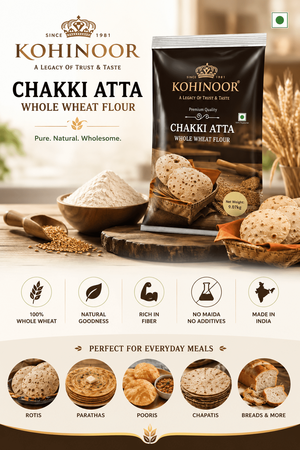 Kohinoor Chakki Atta Whole Wheat Flour, 9.07 kg (20 lbs)