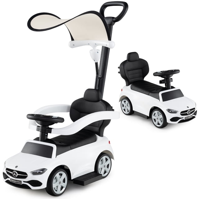 Gymax Voiture 3-en-1 pour Tout-Petit Push en Blanc avec Auvent Ajustable, Rangement sous le Siège et Sons Réalistes. Conception Mercedes-Benz sous Licence Officielle avec modes Convertibles pour Push, Marche et Conduite à Chevaucher. Comprend des Éléments de Sécurité comme des Garde-Corps, des Dispositifs Anti-Renversement et des Repose-Pieds Rétractables. Comprend un Volant avec Klaxon et Sons de Moteur pour une Expérience Captivante.