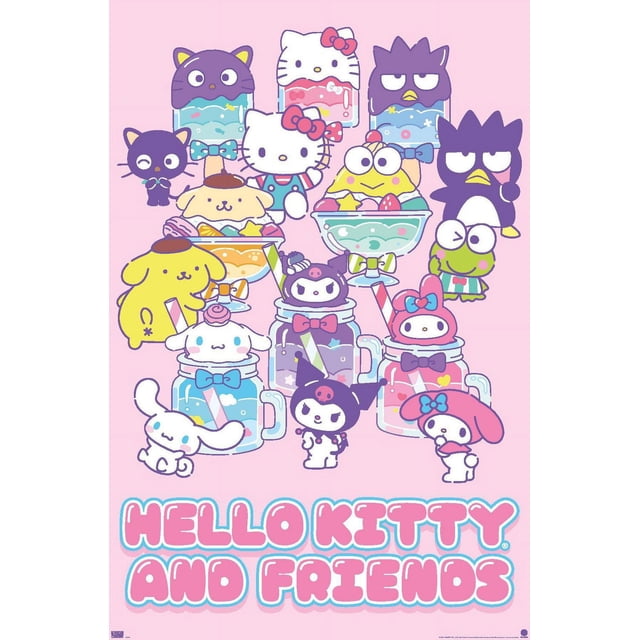 Hello Kitty and Friends : 24 Summer Fresh - Affiche Murale de Groupe Mettant en Vedette Hello Kitty, My Melody, Kuromi, Badtz-Maru, Pompompurin, Keroppi et Cinnamoroll avec des Coupes de dessert pastel sur un Fond Rose Pâle, Convient à l'Art Mural et à la Déco de Pièce dans les Chambres, les Bureaux Ou les Dortoirs.