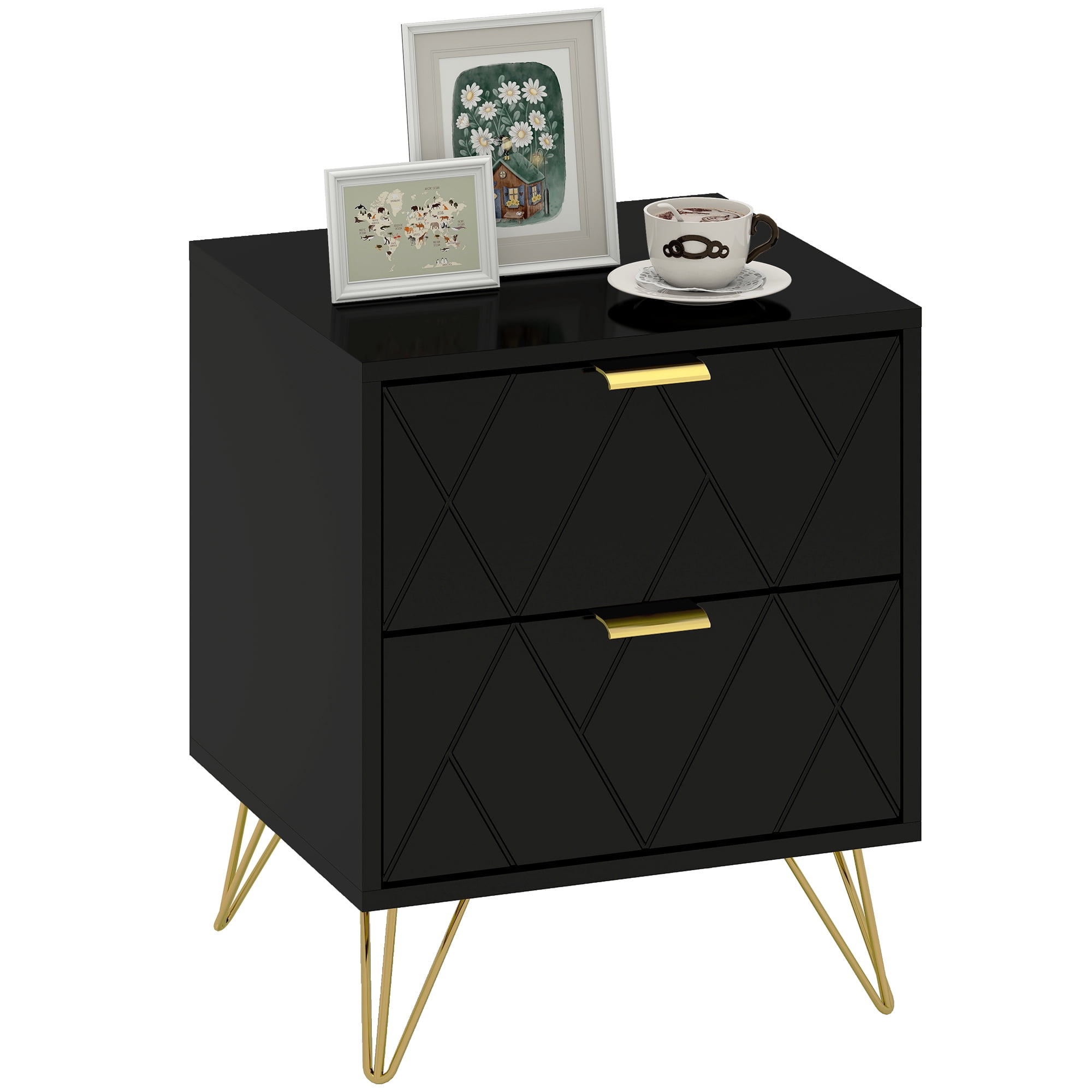 HOMCOM Modern Bedside Table, Nightstand with 2 Drawers for Bedroom, Black