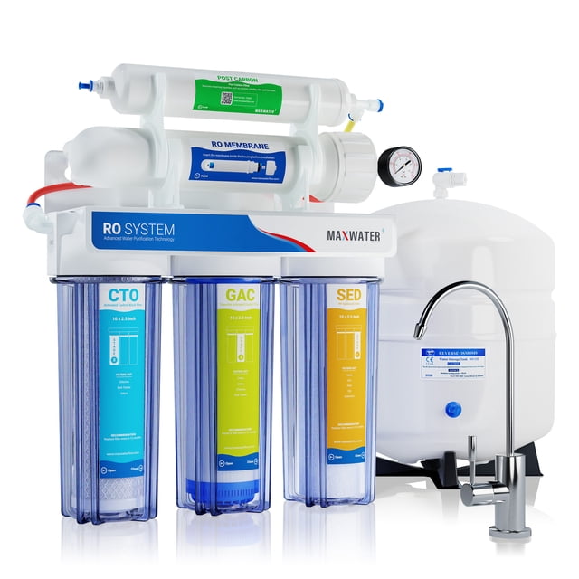 Max Water 5 Stage Under Sink Home Drinking Reverse Osmosis Water Filtration System 50 GPD. Features three transparent filter housings labeled CTO, GAC, and SED for sediment, carbon, and granular activated carbon filtration. Includes a post-carbon filter, RO membrane, pressure gauge, and a white storage tank. Comes with a chrome faucet for dispensing purified water. Removes up to 99.99% of contaminants like lead, fluoride, and chlorine, ensuring clean, fresh-tasting water.