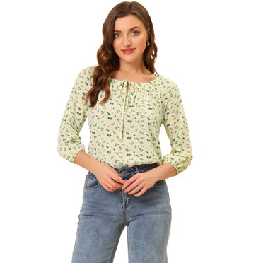 INSPIRE CHIC Haut pour Femme Manches 3/4 Col Rond Blouse d'Été à Fleurs S Vert Blanc