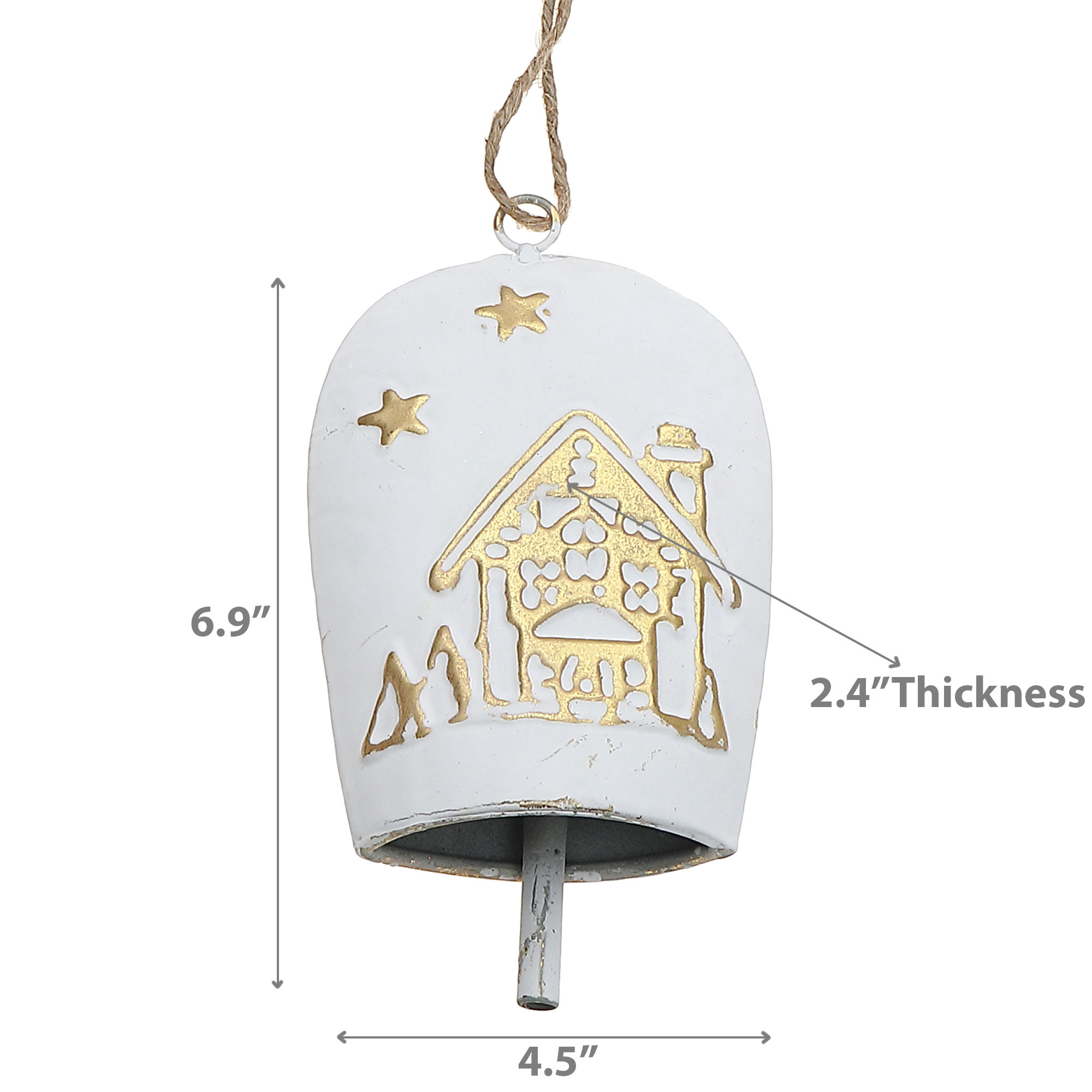 White & Gold Metal Embossed Cow Bell Ornament - Set of 4