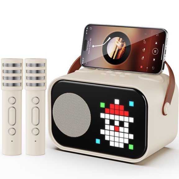 JYX Mini Karaoke Machine for Kids, 15 Animation Modes, 2 Mics, Connect with Bluetooth, Kids Toy, Birthday Gift for Girls Boys, Beige