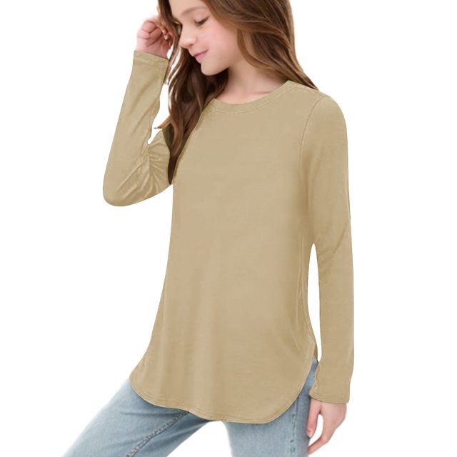 Plebaso Chemises à Manches Longues pour Filles Col Rond Hauts Décontractés Blouses Amples Unies pour Enfants Printemps Été