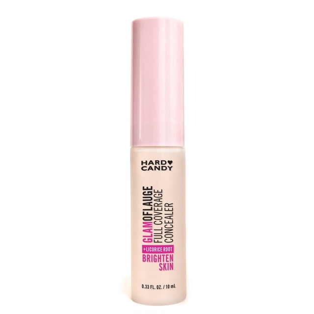 Hard Candy Glamoflauge Pro Concealer in Ivory, 0.33 fl oz, in a frosted cylindrical tube with pale pink cap, featuring black and pink text highlighting full coverage and brightening licorice root formula, ideal for contouring and highlighting skin.