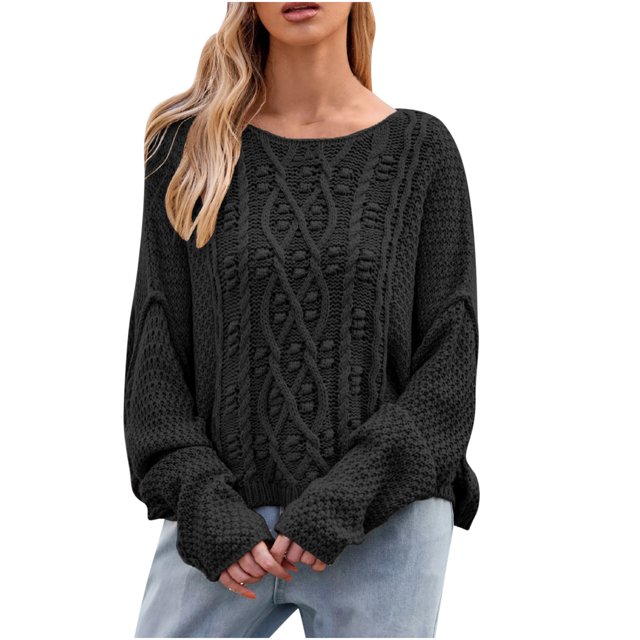 Chandails à Manches Longues pour Femmes Chandail Torsadé pour Femmes Chandails Décontractés Surdimensionnés Col Rond Manches Longues Chandail d'Automne à Enfiler S-2 Noir P