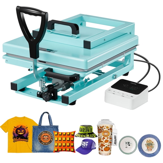 VEVOR Hybrid Heat Press, 15 x 15 inch, 5-in-1 multifunction heat transfer machine in light green with black accents. Designed for sublimation and compatible with HTV vinyl, it features adjustable pressure, an independent control panel, and auto shut-off. Includes attachments for mugs, hats, and plates, ideal for crafting T-shirts, bags, and DIY projects. Displayed with sample items showcasing vibrant designs.