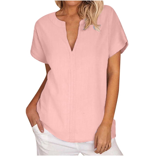 Timegard Tops for Women Cotton Linen Short Sleeve V-Neck Solid Color Casual Loose Top Blouse Basic Tee