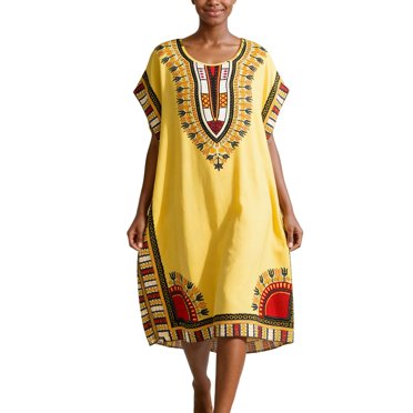 Robe Kaftan à Imprimé Africain Tunique Longue Maxi Grande Taille Polyester Robe à Imprimé Kimono Décontractée Chemise de Nuit Robe Décontractée pour Femme Jaune Taille Unique