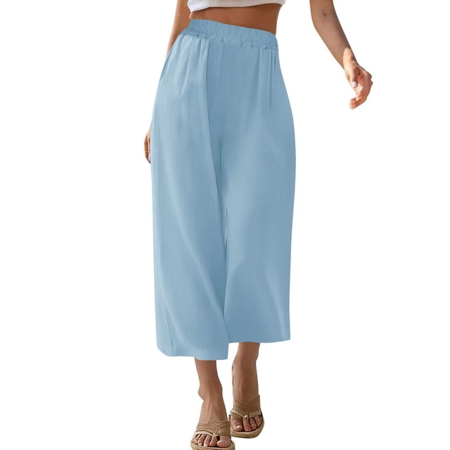 Capris for Women, Loose Fit Solid Color Casual Pants with Drawstring Waist and Side Pockets, Military Green, Size L
