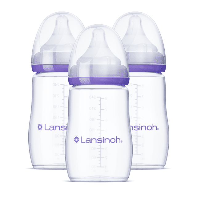 Lansinoh Anti-Colic Baby Bottles for Breastfeeding Babies, 240 ml (8 Ounces), 3 Count, Includes 3 Medium Flow Nipples