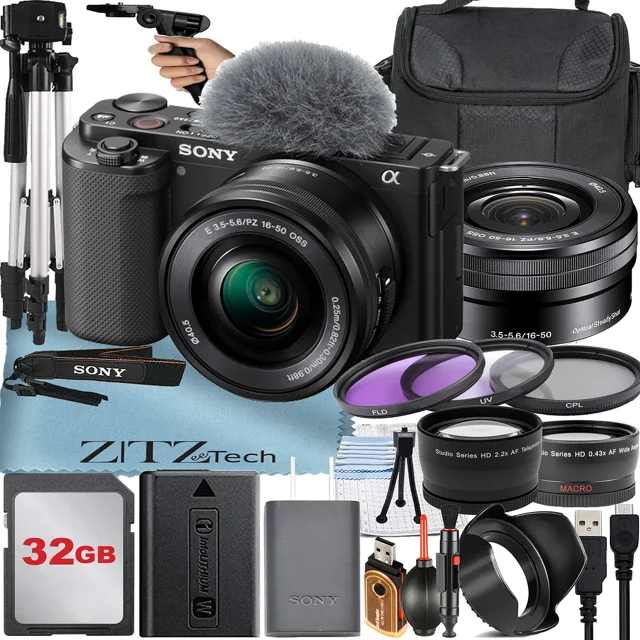 Sony Alpha ZV-E10 Mirrorless Vlog Camera with 16-50mm Lens + 32GB Memory Card + Filter Kit + Tripod + Case + ZeeTech Accessory Bundle (Black)