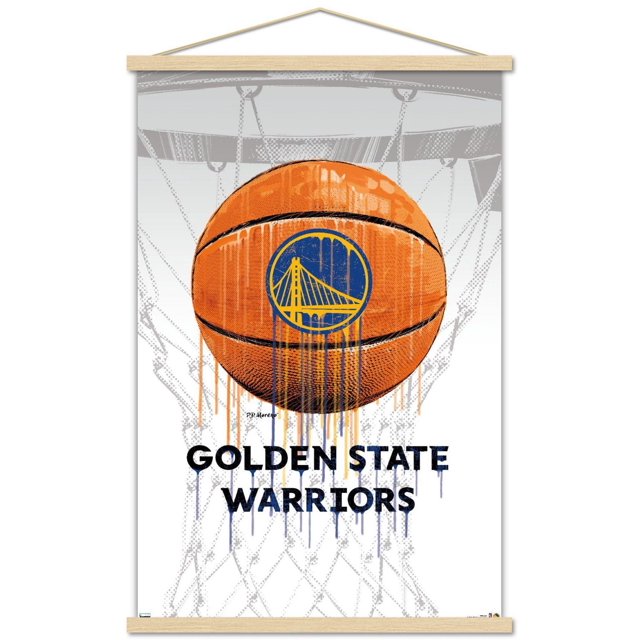 NBA Golden State Warriors - Affiche Murale Drip Ball 20, 22,375 Po x 34 Po Mettant en Vedette un Ballon de basketball Orienté vers l'Avant avec le logo Golden State Warriors Peinture Bleu et Jaune Goutte à Goutte, sur Fond de Filet de basketball Stylisé, Imprimée sur Papier d'Affiche Lustré Idéale pour l'Art Mural et la Déco de Pièce.