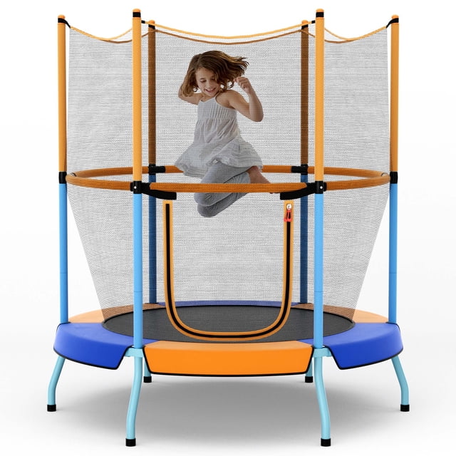 Costway 48" Toddler Trampoline for Kids with Safety Enclosure Net and heavy-duty frame in orange and blue. Features a 360° safety enclosure net, seamless design, and foam-padded handles for added protection. The trampoline has a sturdy metal frame with curved legs, non-slip foot pads, and elastic bungees for a safe and stable bouncing experience. Suitable for children aged 3-6 years, with a maximum weight capacity of 265 lbs. Includes a two-way zipper door for easy access.