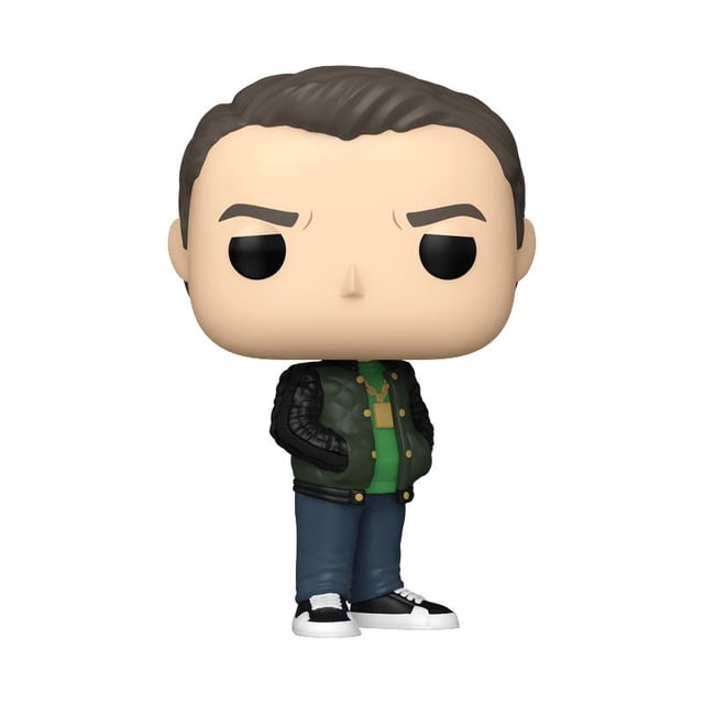 Funko Pop! Television: Succession - Kendall Roy Vinyl Figure, a stylized bobble head standing over three inches tall, with slicked-back brown hair, black eyes, and eyebrows. It wears a green quilted jacket with black sleeves, green shirt, blue pants, black and white sneakers, and a gold chain necklace. Suitable for collectors and display on desks or shelves.