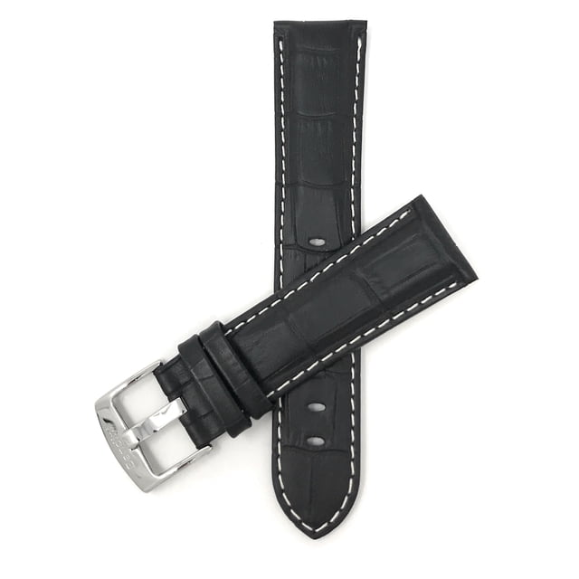 24mm Mens' Alligator Style Leather Watch Strap Band, White Stitching, Stainless Steel Buckle