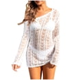thumbnail image 1 of Plebaso Robe de Plage Mini pour Femmes au Crochet, en Maille Tricotée, à Manches Longues, à une Épaule, Ajourée, 1 of 5