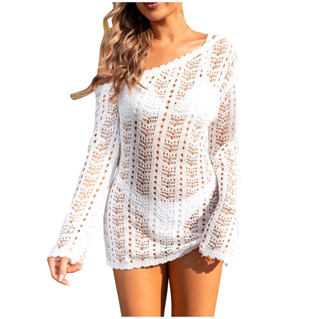 Plebaso Robe de Plage Mini pour Femmes au Crochet, en Maille Tricotée, à Manches Longues, à une Épaule, Ajourée