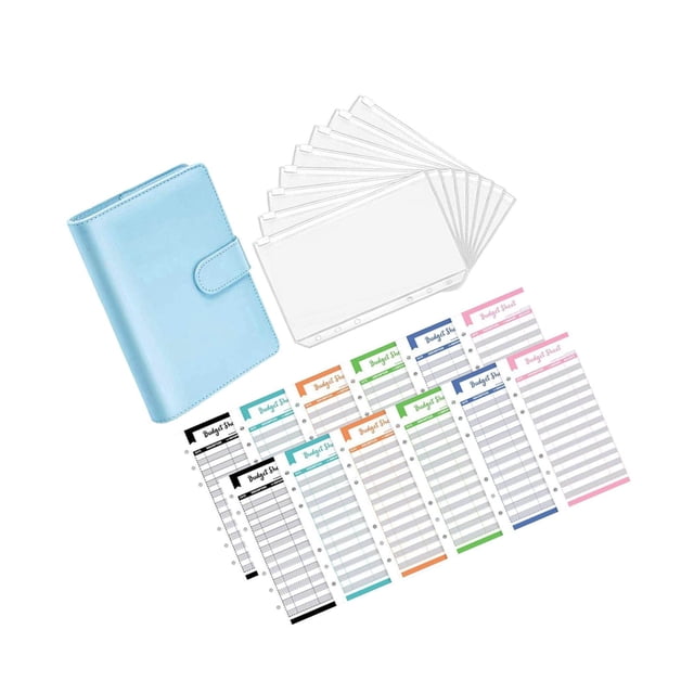 PU Leather Notebook Binder Clear Binder Pockets Budget Envelope Blue