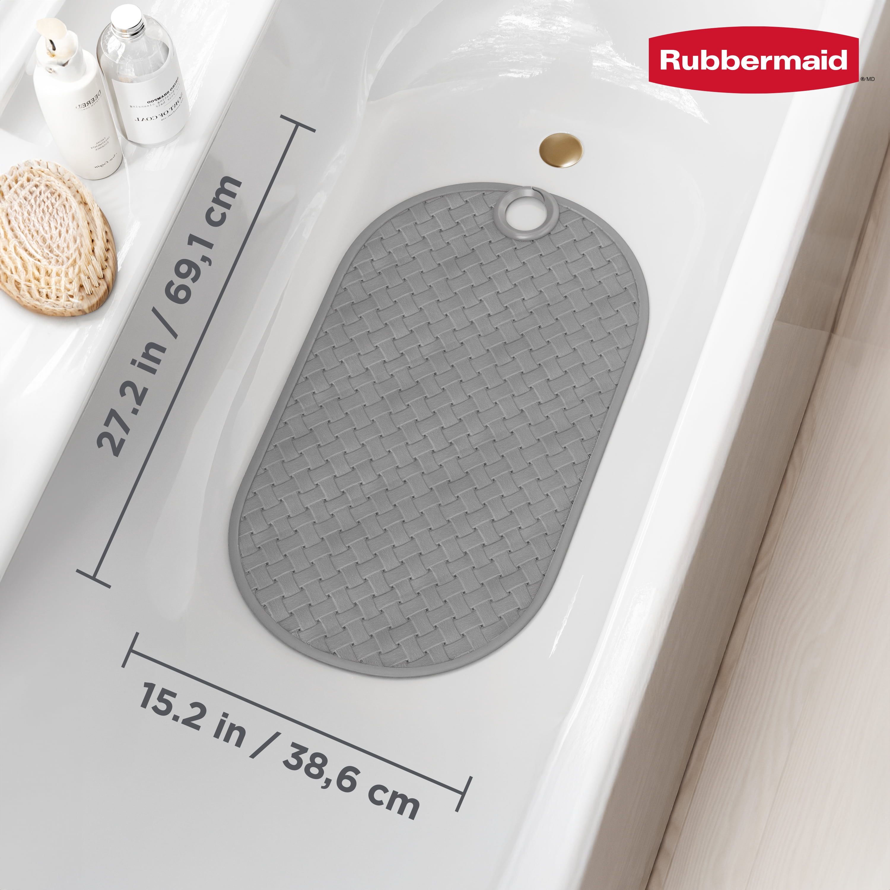 Tapis de baignoire et de douche Instamat Rubbermaid, antidérapant, se suspend à la pomme de douche pour un séchage rapide, 69 x 39 cm, gris clair
