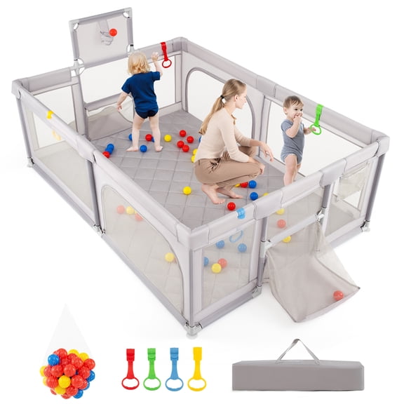 Gymax Parc de Jeu Extra Grand 81 Pieds' x 57 Pieds' pour Bébés et Tout-Petits avec Panier de Basketball Gris
