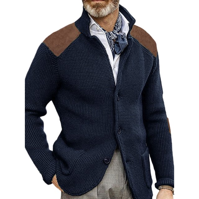 MAWCLOS Mens Cardigan Sweater Long Sleeve Jacket Button Down Coat Knitted Winter Warm Open Front Outwear Navy Blue 2XL