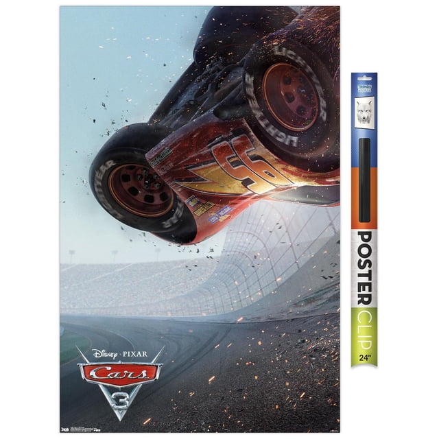 Disney Pixar Cars 3 - One Sheet Wall Poster, 22.375" x 34" showing Lightning McQueen flipping mid-air on a racetrack with sparks and debris flying, printed on glossy poster paper, suitable for decorating bedrooms, offices, or party spaces.
