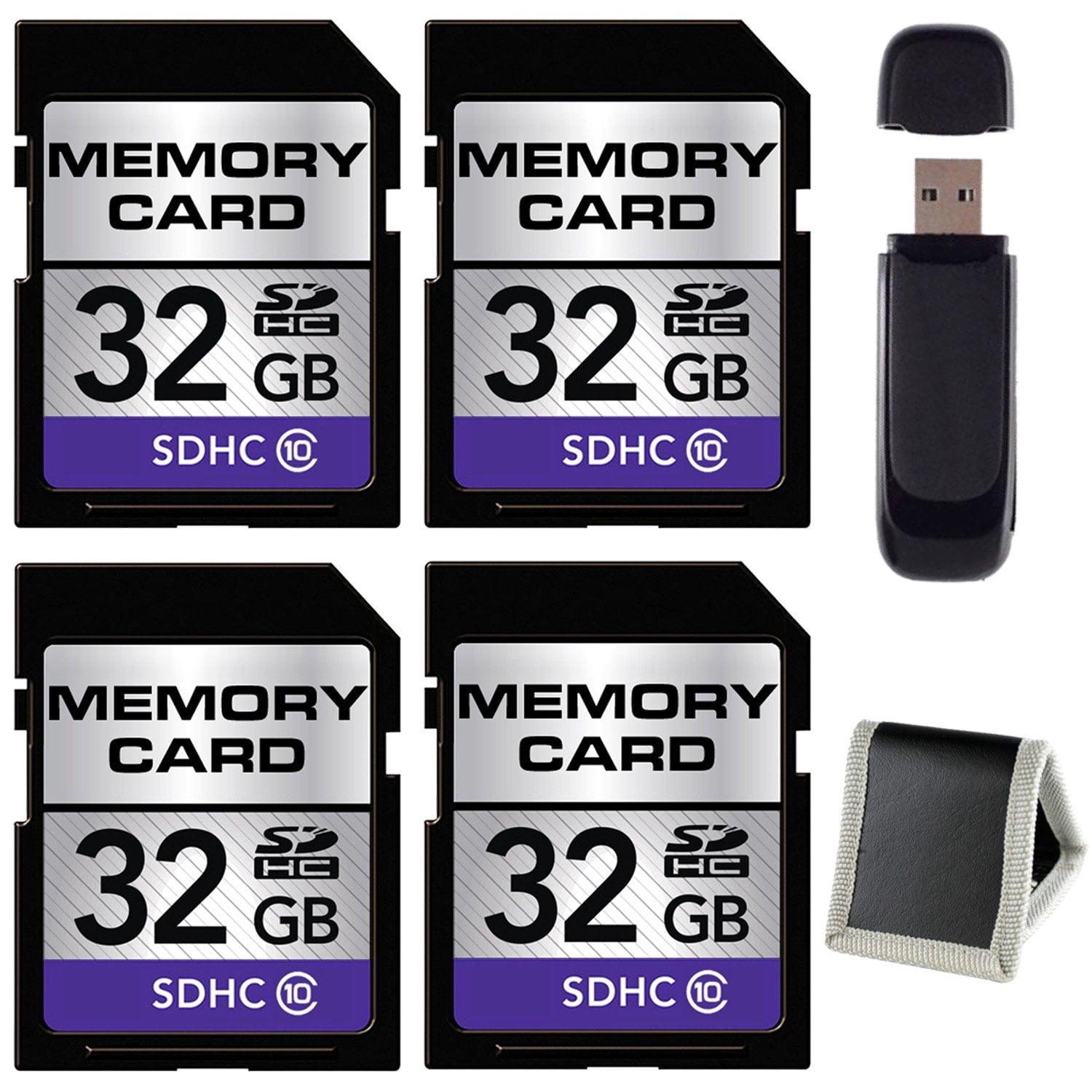 32GB SDHC Class 10 Memory Card + SD Card USB Reader + Memory Card Wallet Bundle (4-Pack)