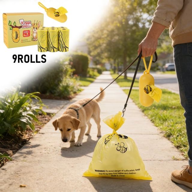 Dog Poop Waste Bags with Hook Dispenser, Thickened Tear-Off Refills, Yellow Plastic, 26 Count, Leakproof for Outdoor Walks
