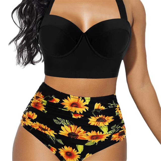 EYIIYE Women Flower Print Bikini Set High Waist Swimming Suits