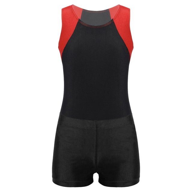 MSemis Justaucorps de Gymnastique Sans Manches pour Garçons, Combinaison de Danse Ballet avec Short Athlétique, Ensemble de Compétition et d'Entraînement, Rouge&Noir 8