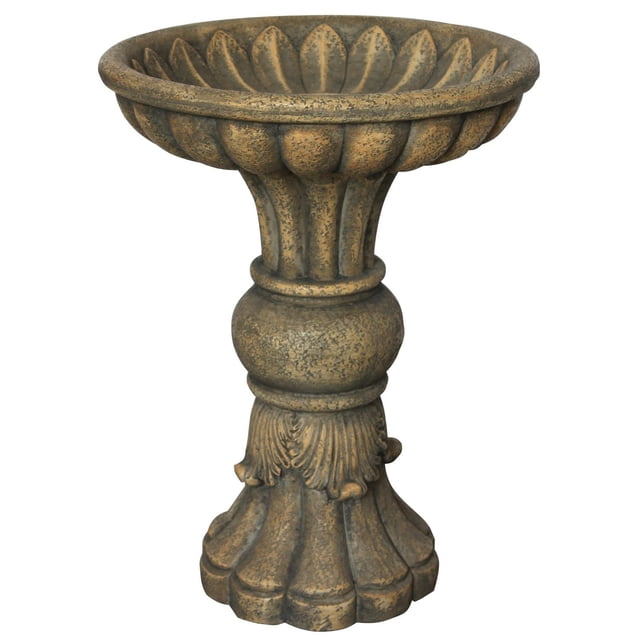 Angelo Décor Milano Birdbath, 21.6 inches tall with a 16.7-inch diameter basin, made from durable NuCrete fibre reinforced concrete with a textured stone finish, featuring a fluted pedestal and decorative leaf motifs, ideal for garden, deck, or patio use.
