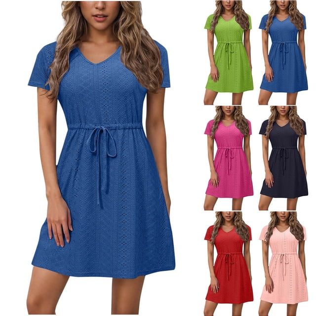 Meichang Robes d'Été pour Femmes à Col en V, Manches Courtes, Robe en Broderie Anglaise avec Cordon à la Taille, Fluide, Ligne A, Mini Robes