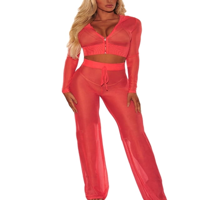 Women Beach Mesh Sheer Bikini Cover Up Swimwear Bathing Tops+Pants Set